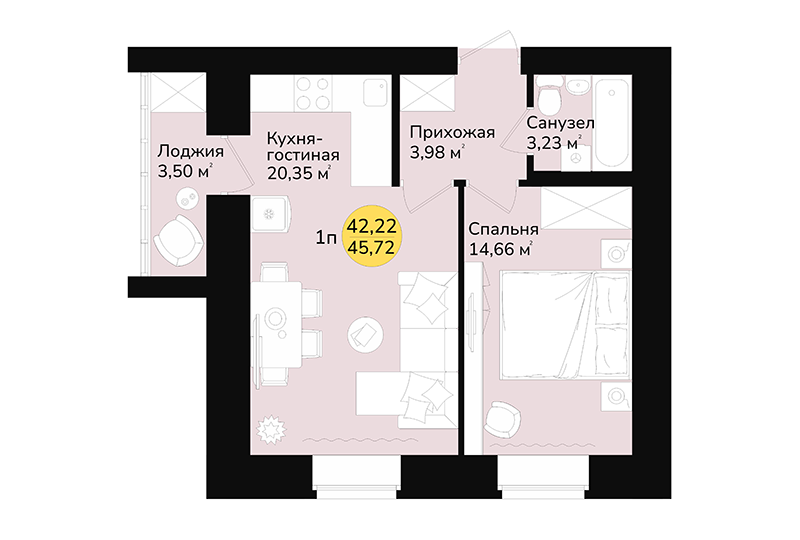 ЖК «Дубовый парк» 1-комнатная 45.72 м2